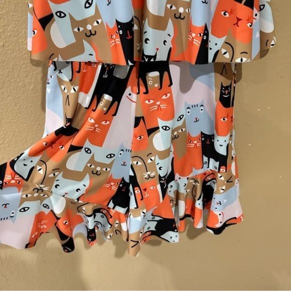 Cat Print Mod Romper Sleeveless Ruffle Padded Bra Pin Up Women’s Medium - Picture 12 of 14